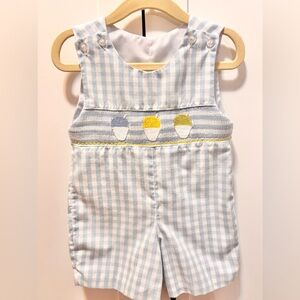 Baby Boys Blue Gingham Smocked Snowball Jon Jon
